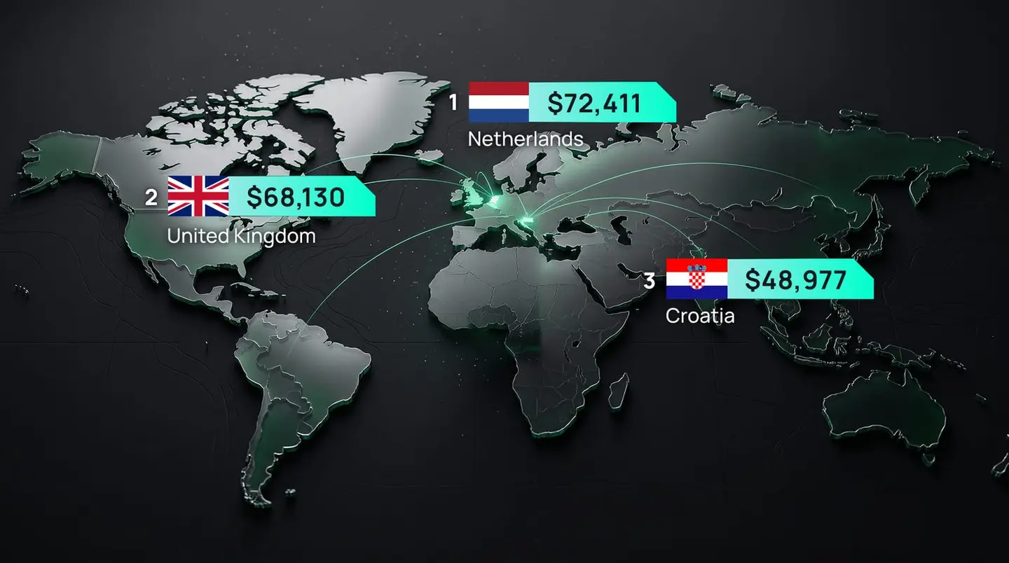 World map showing the top countries by payout: Netherlands, United Kingdom, Croatia