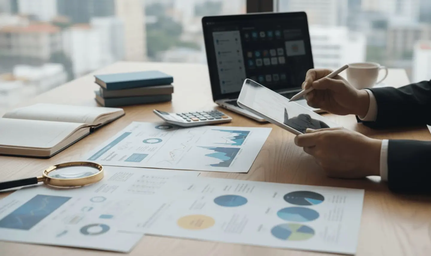 Trader reviewing printed performance reports at a desk