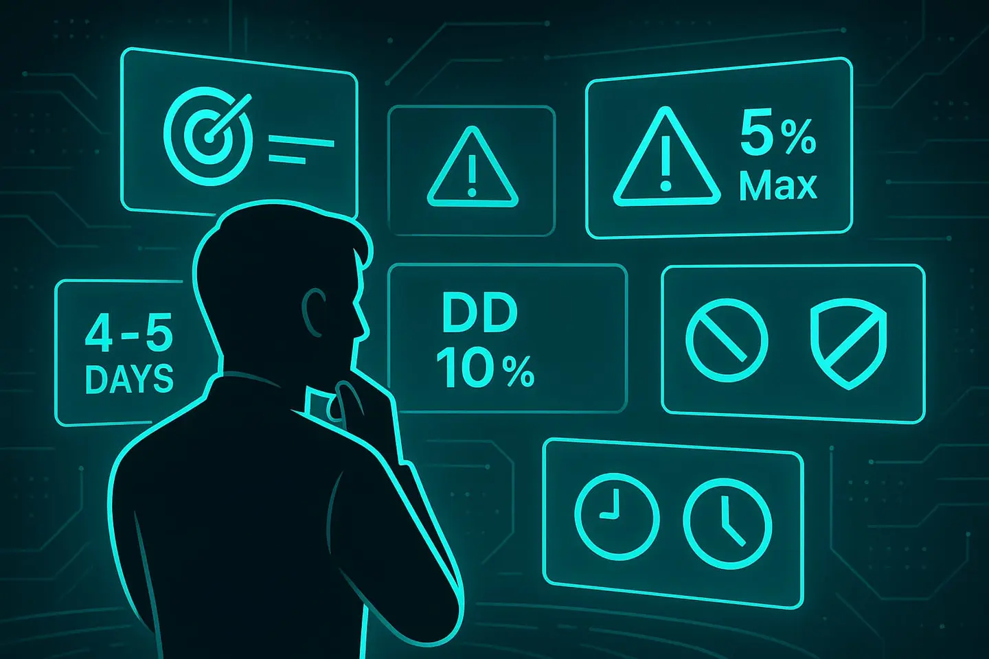 Infographic of evaluation rules including drawdown limits and trading days