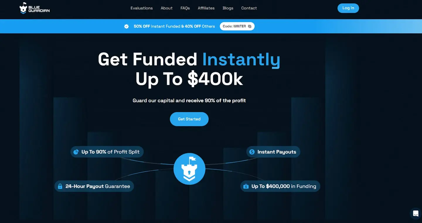 Blue Guardian page offering instant funding up to 400k