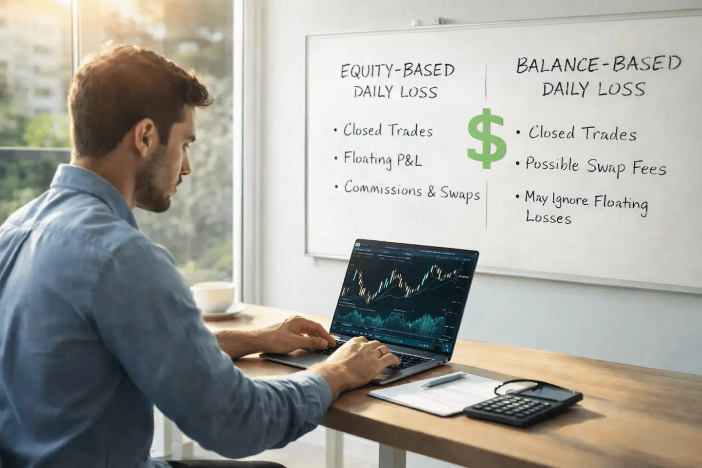 Whiteboard comparing equity-based and balance-based daily loss