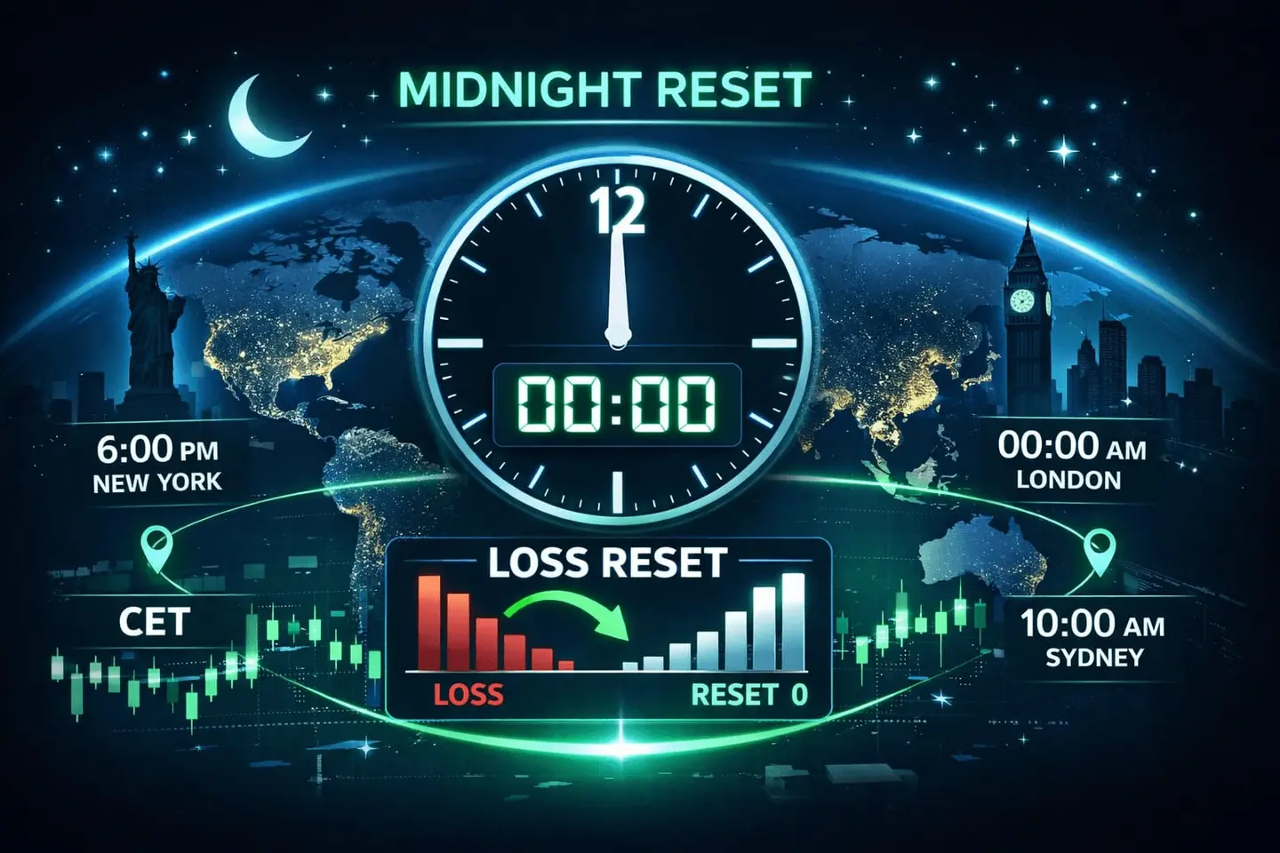 Diagram of a midnight daily loss reset across major time zones