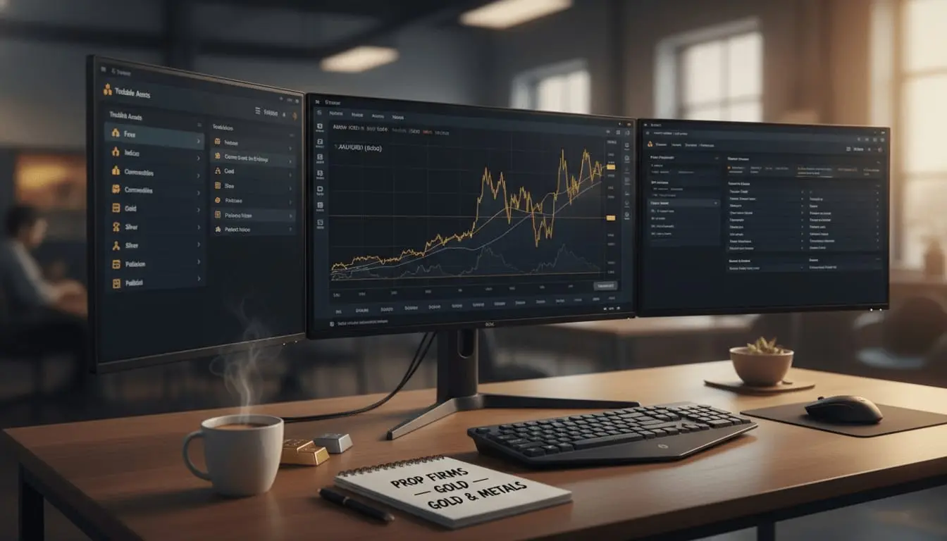 Curved monitor setup showing gold and forex charts