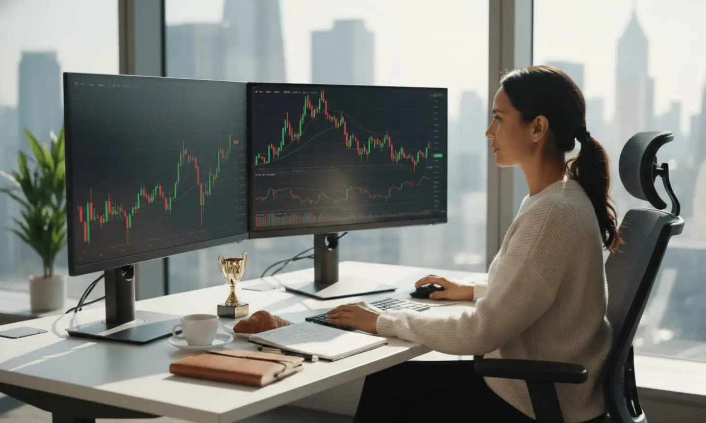 Trader working at a dual-monitor desk in an office
