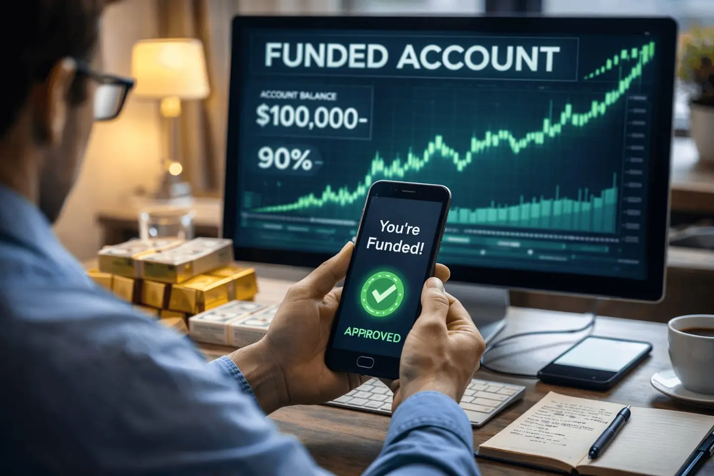 Trader receiving a funded account confirmation on a phone