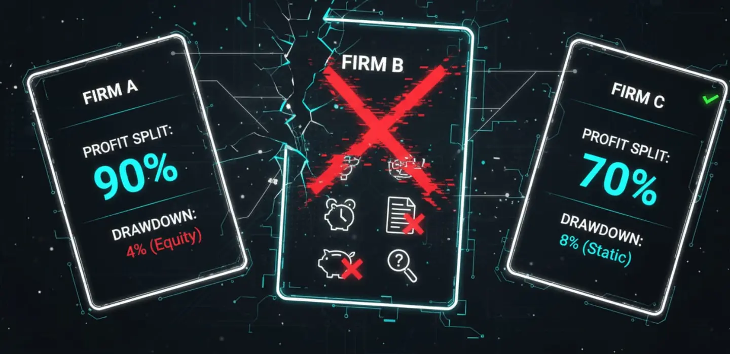 Comparison of three prop firms by profit split and drawdown type