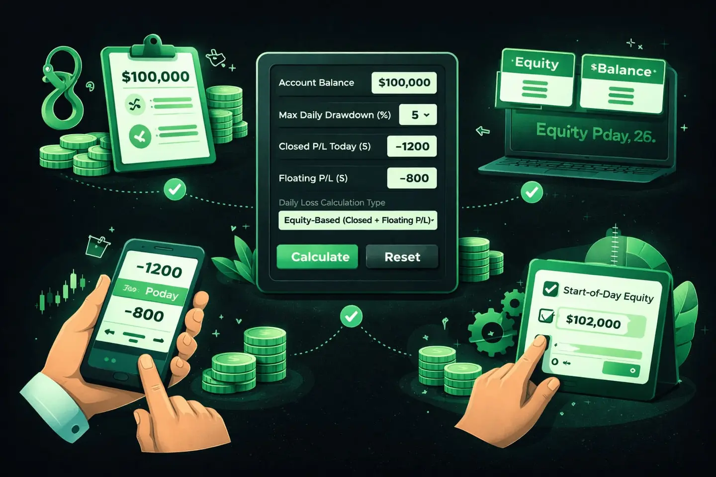 Infographic calculating daily drawdown from balance and floating profit
