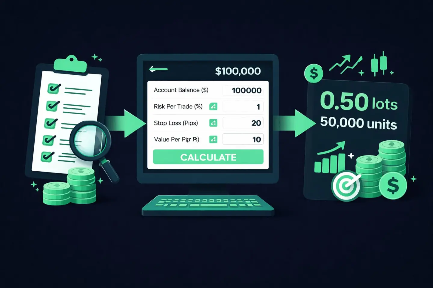 Infographic turning account balance and stop loss into a 0.50 lot position