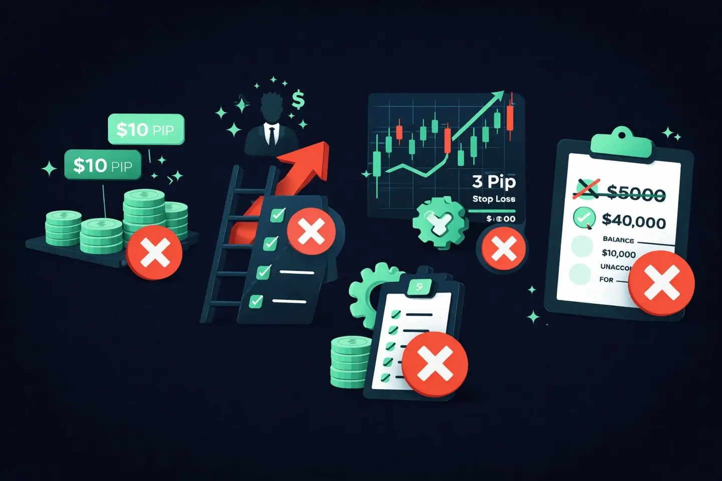Illustration of trading risk: stressed trader, calculator, drawdown gauge, EUR/USD and gold charts