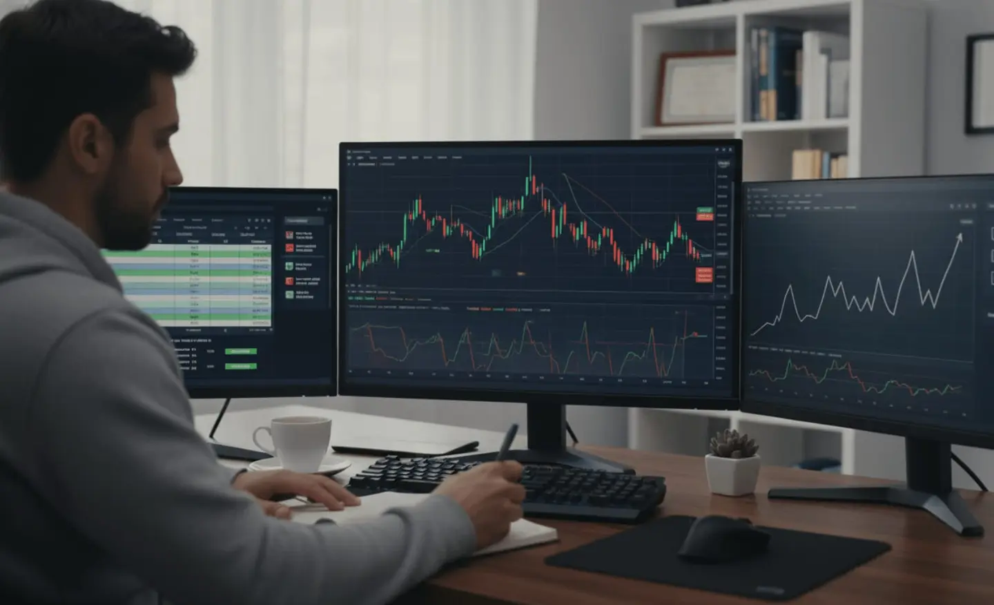 Trader reviewing forex charts on a multi-monitor desk