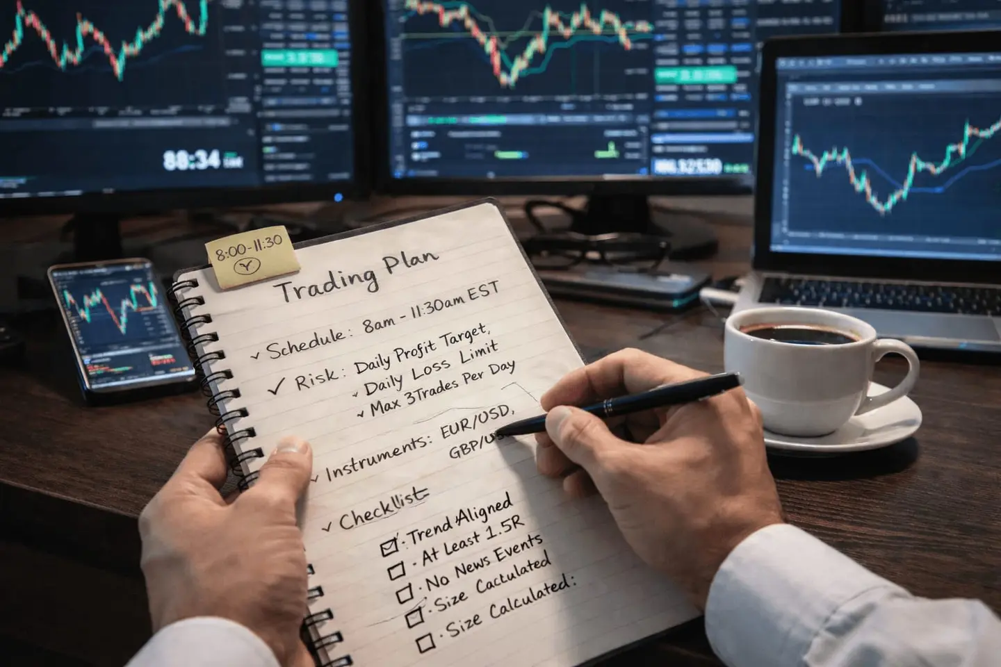 Handwritten trading plan checklist beside live charts