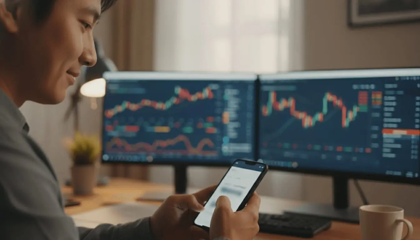 Trader following price action on monitors and a mobile device
