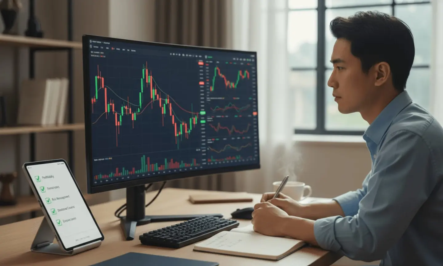 Trader checking a chart on a monitor and a phone