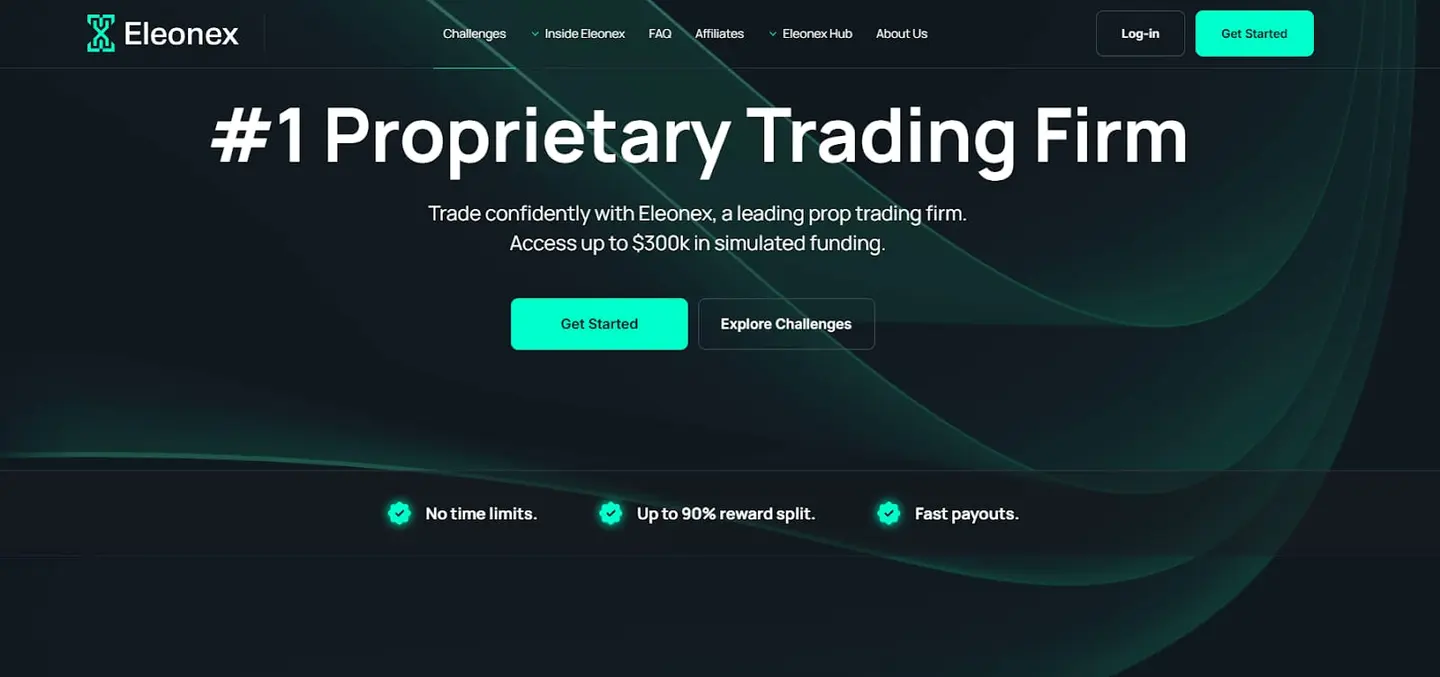 Eleonex homepage headline offering simulated funding up to 300k