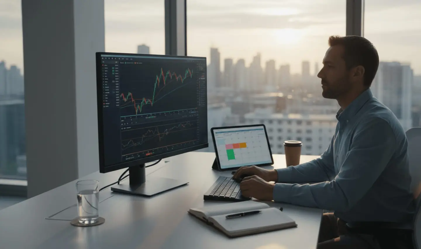 Trader monitoring charts on a desktop platform by a window